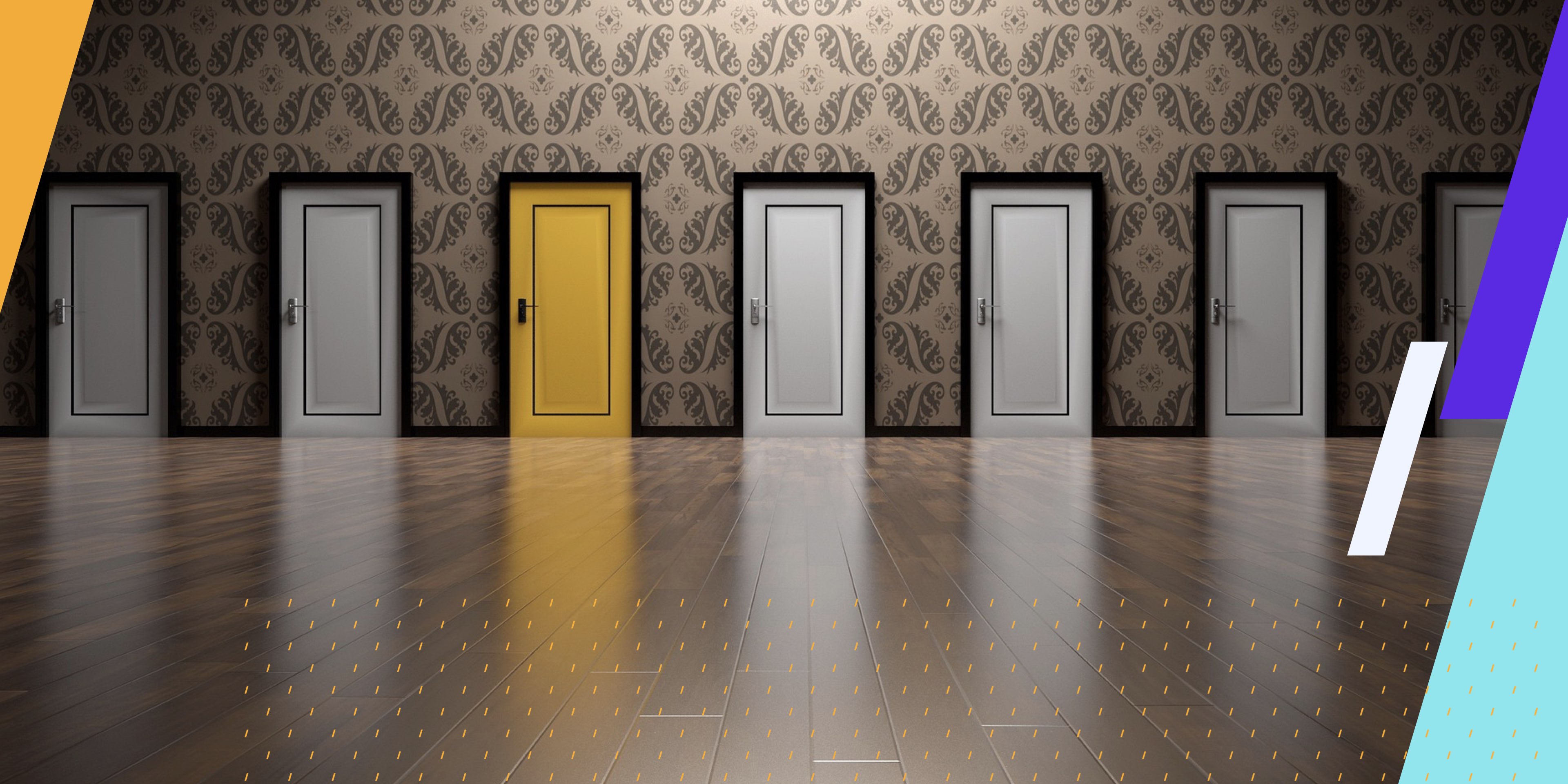 series of white doors which includes one yellow door in the middle