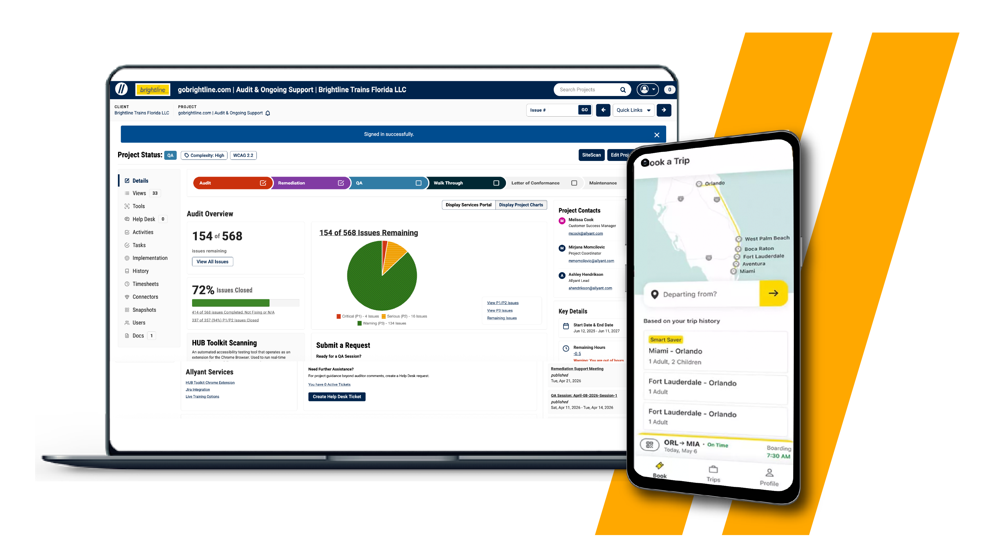 Laptop screen displays a project management dashboard with charts and panels; a smartphone shows a travel booking app beside it.