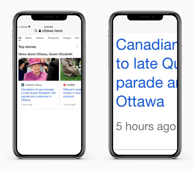 Two smartphones, side by side, the phone on the left displaying a mobile web page with normal text and the phone on the right displaying a web page with large text