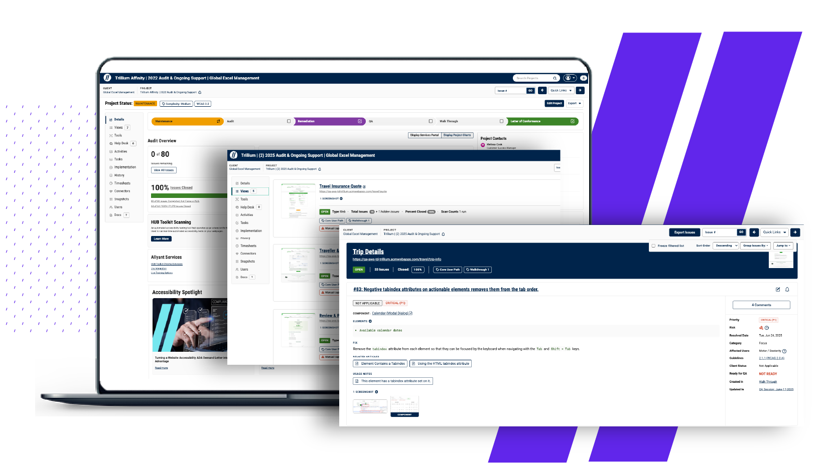 Collage of project management dashboards shown on a laptop screen with purple diagonal stripes in the background.