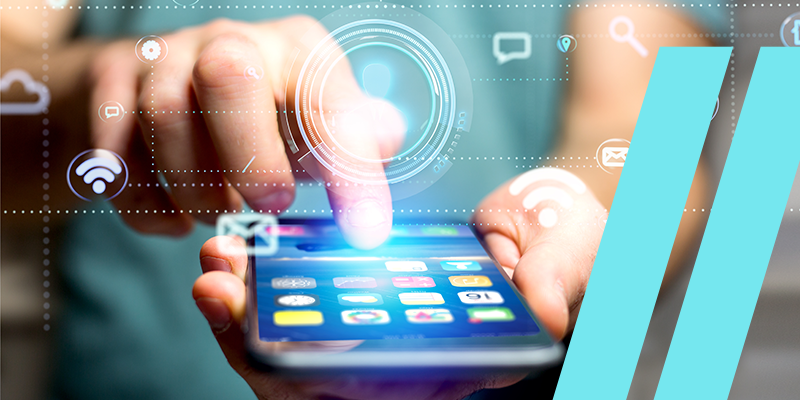 Close-up of a person using a smartphone with holographic digital icons and glowing interface elements.