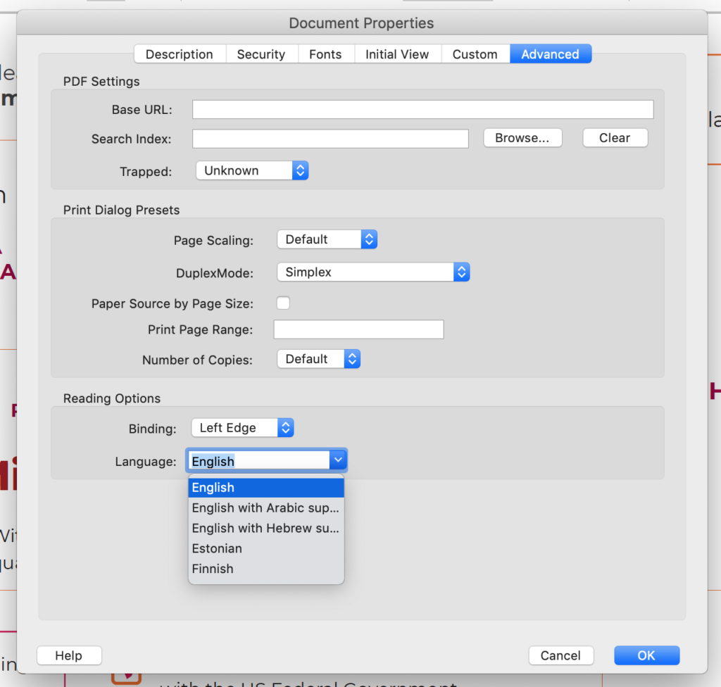 A screen capture of the dialogue window showing how to access the Language of a PDF in Adobe Acrobat Pro. Stating the document’s language is required by all accessibility standards.