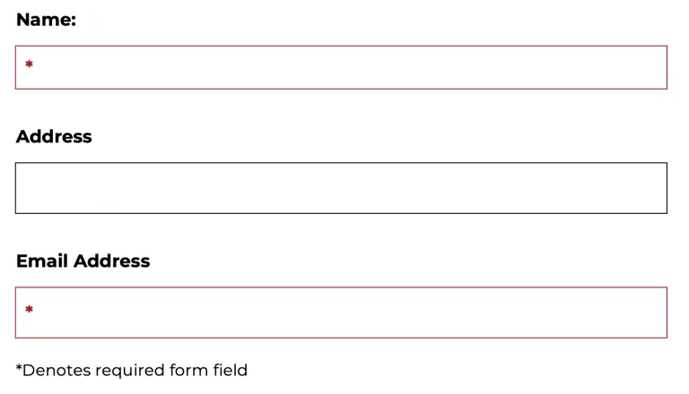 Screenshot showing a form that features asterisks in addition to color to denote the required fields